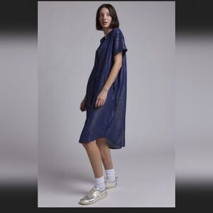 WILDFANG Navy Short sleeve button-down midi length pinstripe shirt dress Large